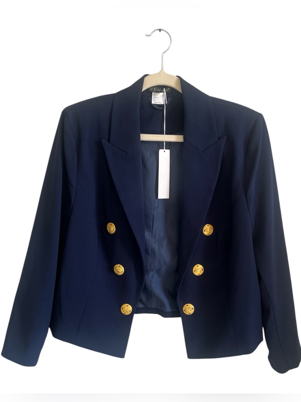 Cropped Navy Double-Breasted Blazer with accent Gold Buttons Size 12 NWT - Picture 17 of 17